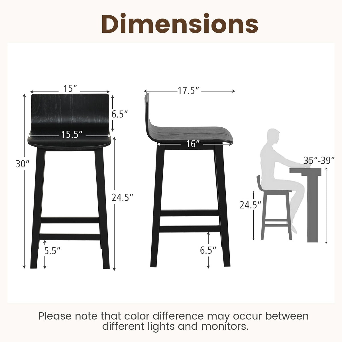 Wood Bar Stools Set of 2 with Solid Back and Seat-Black view 4