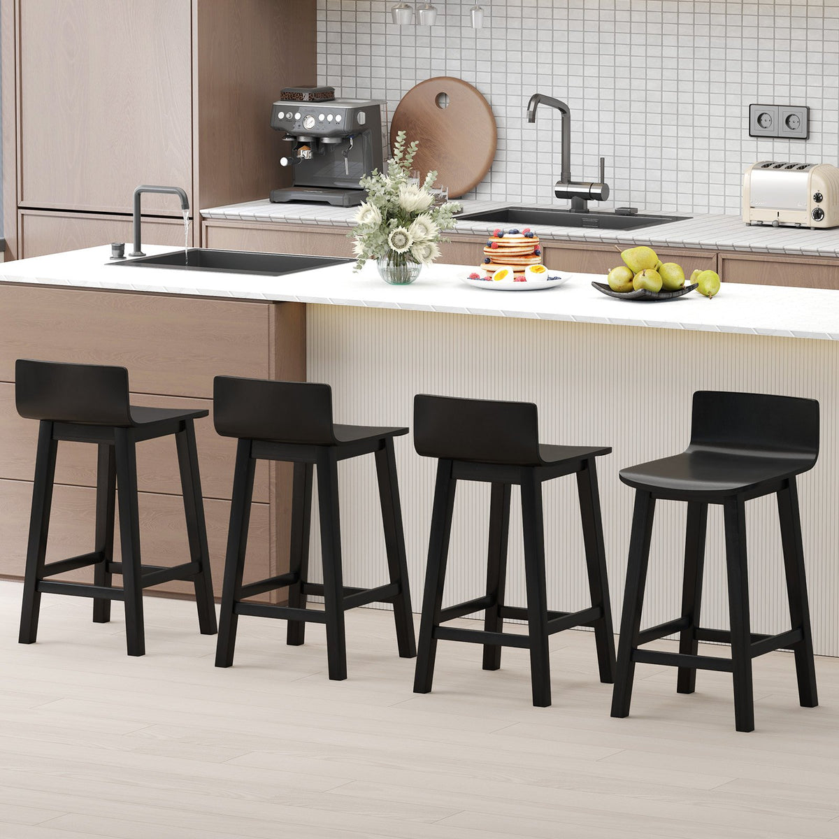 Wood Bar Stools Set of 2 with Solid Back and Seat-Black view 5