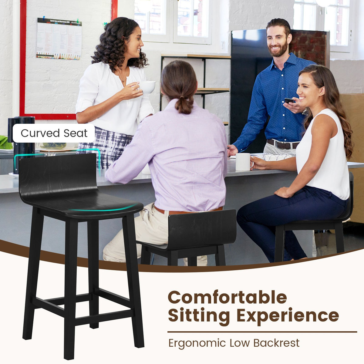 Wood Bar Stools Set of 2 with Solid Back and Seat-Black view 7