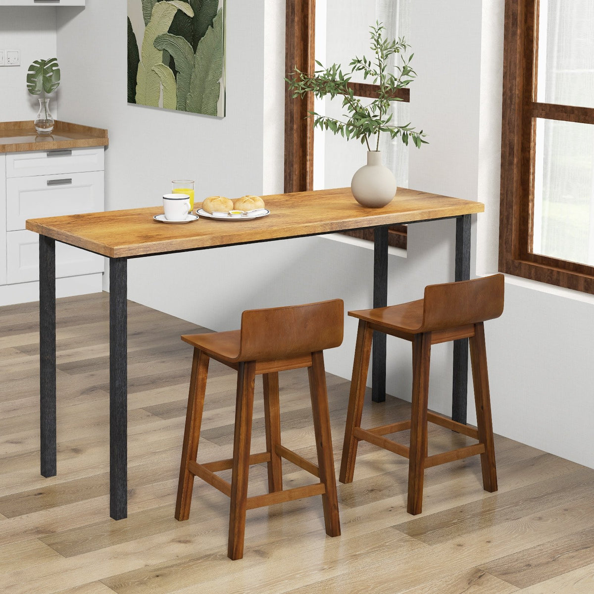 Wood Bar Stools Set of 2 with Solid Back and Seat-Brown view 3