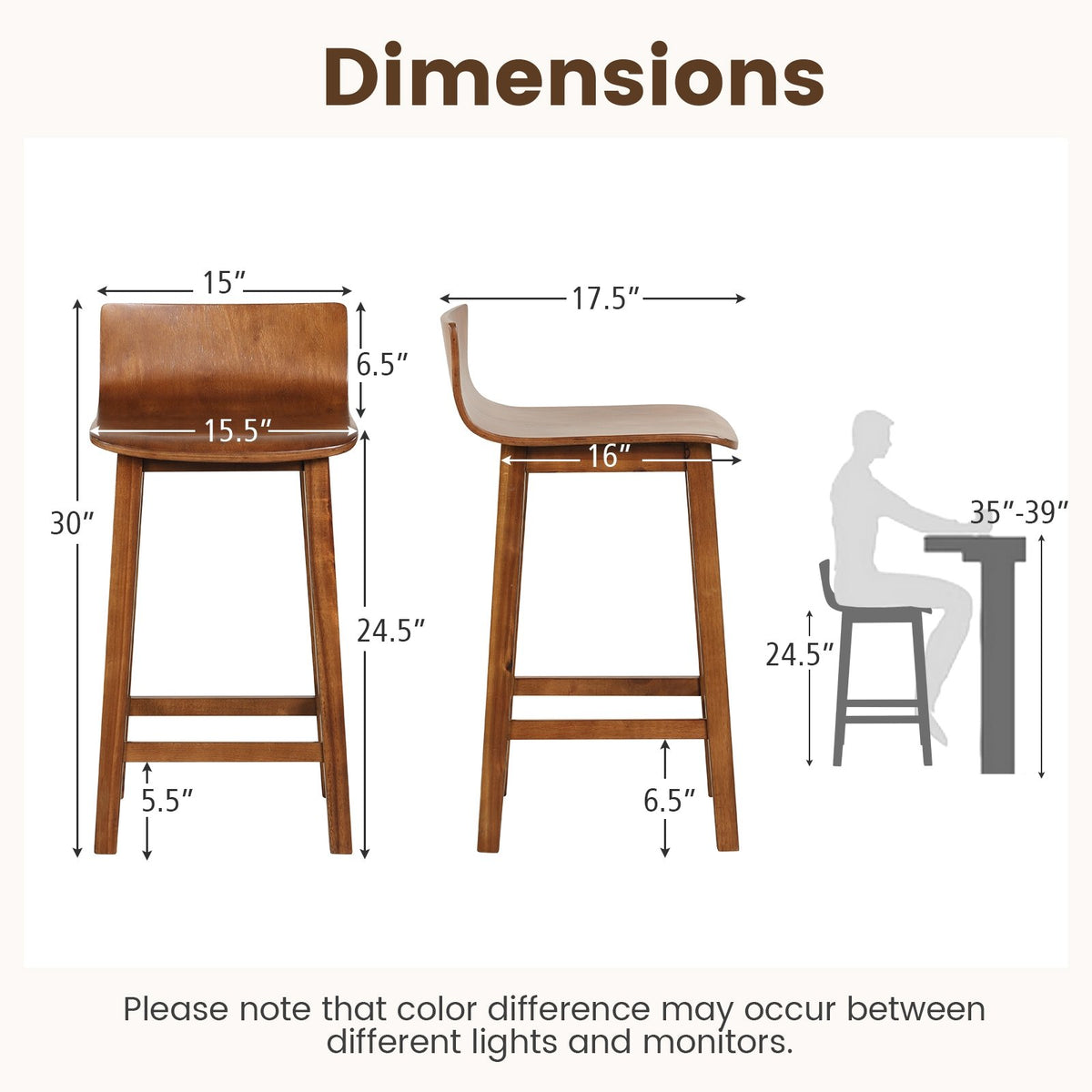 Wood Bar Stools Set of 2 with Solid Back and Seat-Brown view 5