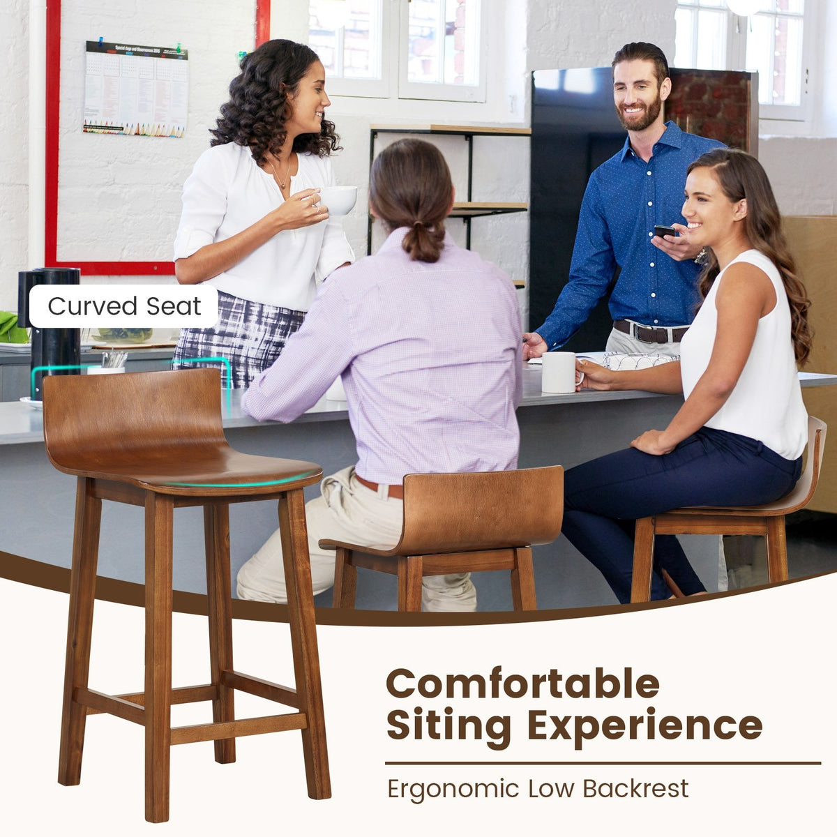 Wood Bar Stools Set of 2 with Solid Back and Seat-Brown view 7