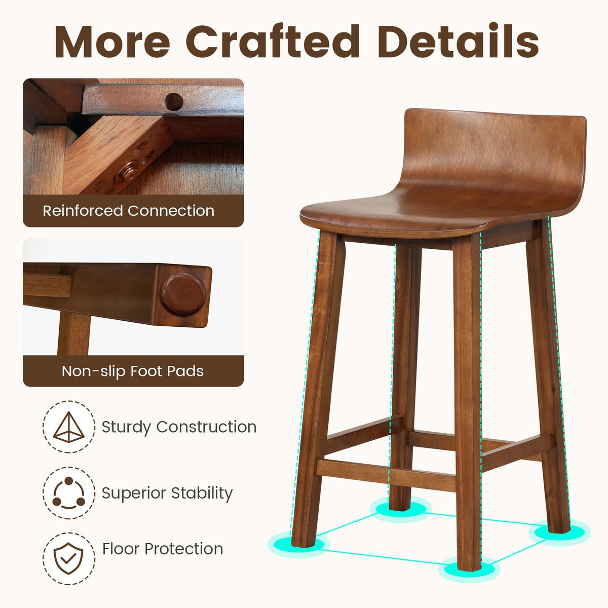 Wood Bar Stools Set of 2 with Solid Back and Seat-Brown view 9