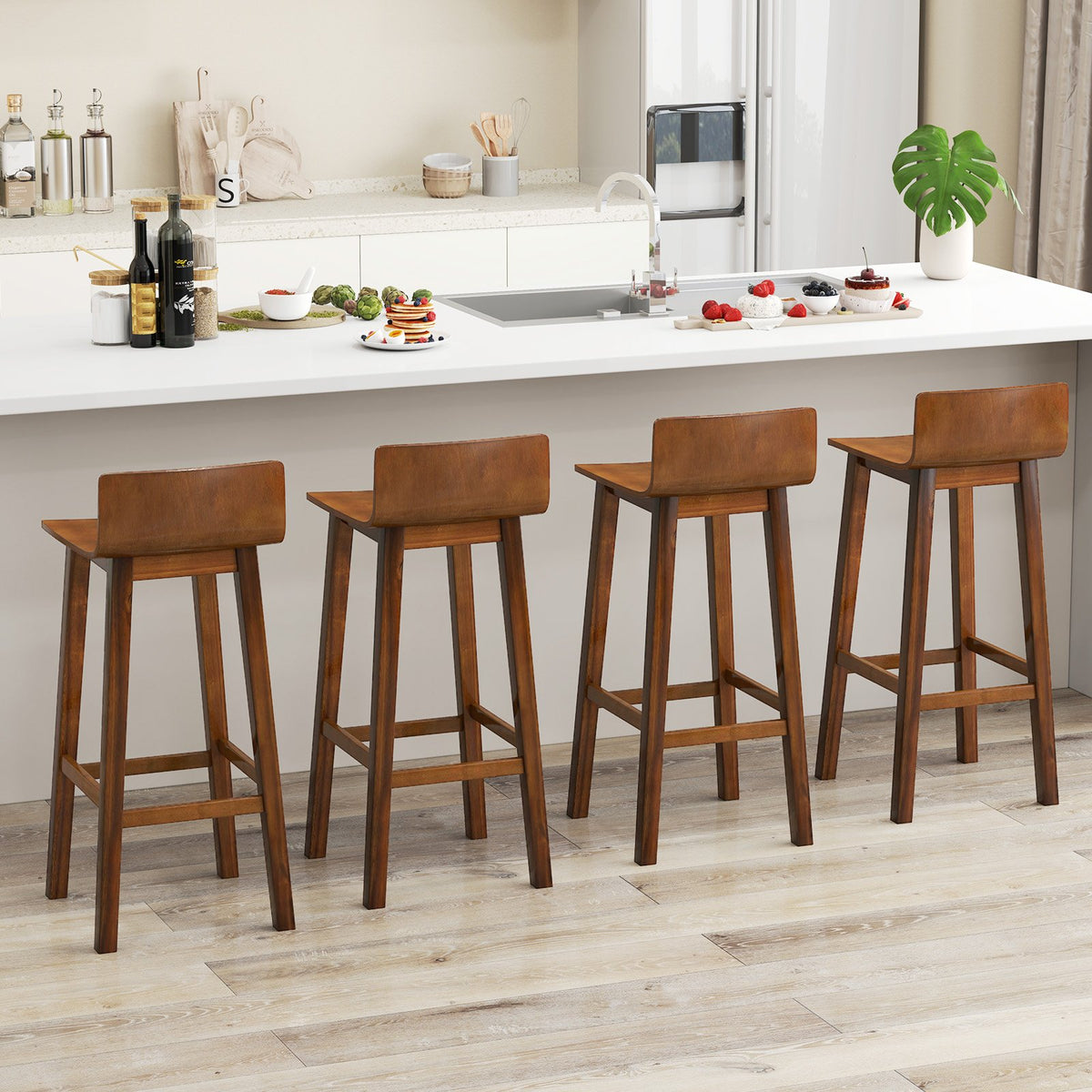 29 Inch Wood Bar Stools Set of 2 with Solid Back and Seat-Walnut view 5