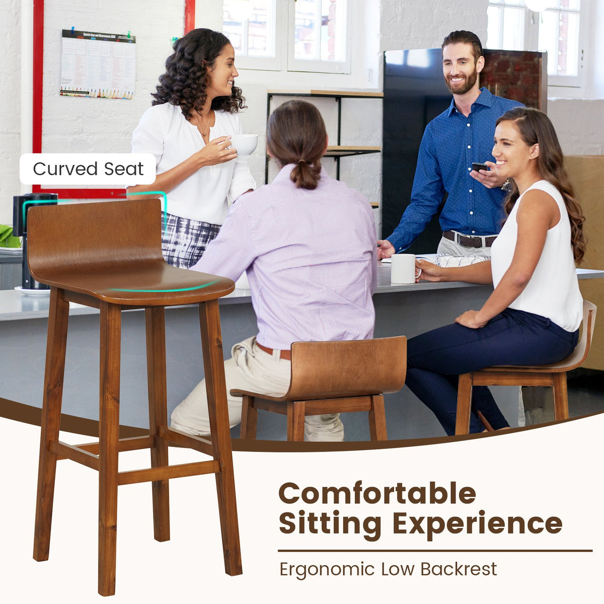 29 Inch Wood Bar Stools Set of 2 with Solid Back and Seat-Walnut view 7