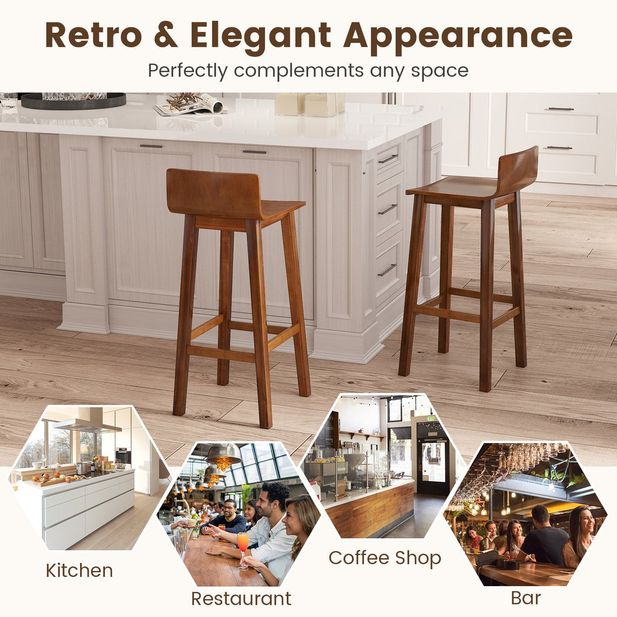 29 Inch Wood Bar Stools Set of 2 with Solid Back and Seat-Walnut view 8