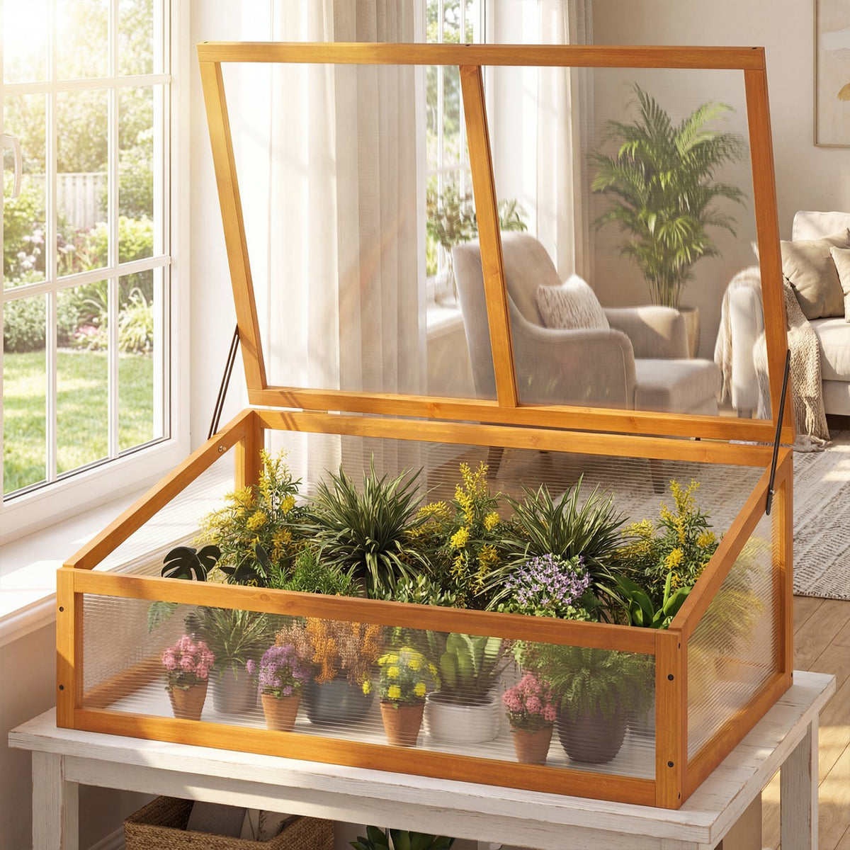 Wood Cold Frame Greenhouse Raised Planter Bed Protection with Transparent Flip-top Roof-Orange view 3