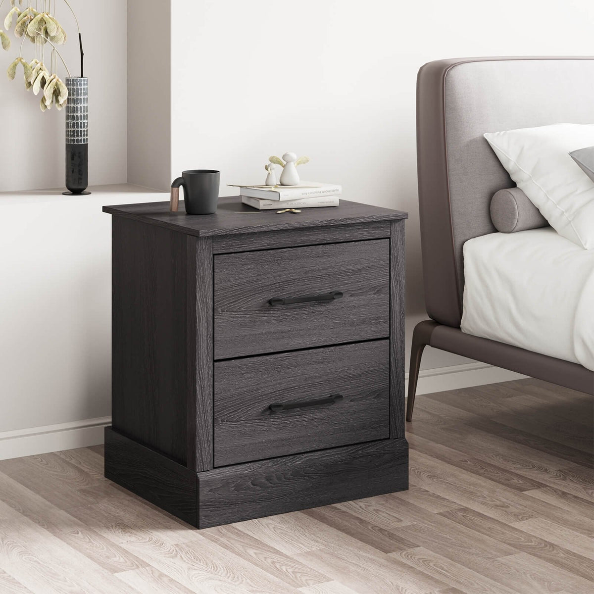 Wood Compact Floor Nightstand with Storage Drawers-Dark Gray view 2