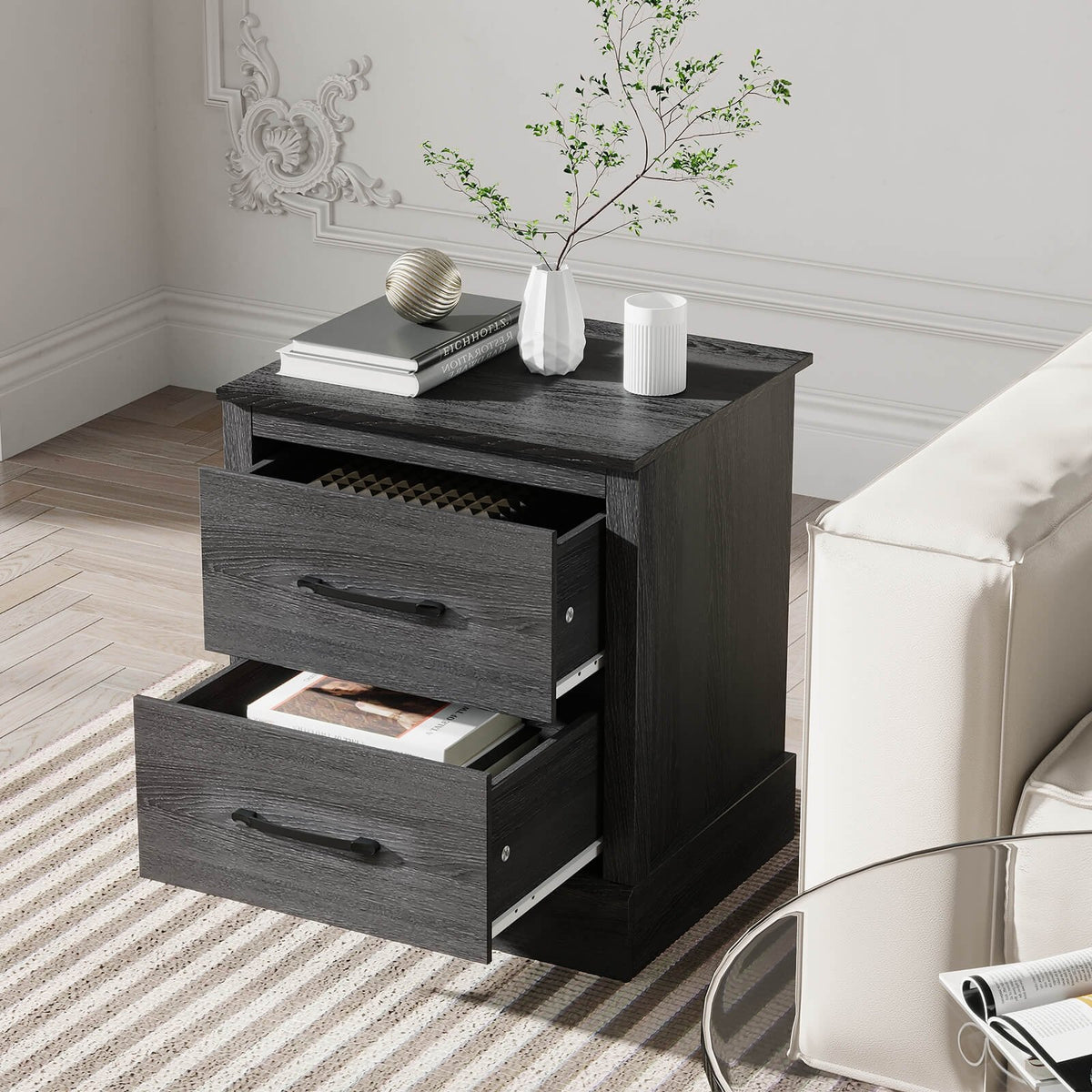 Wood Compact Floor Nightstand with Storage Drawers-Dark Gray view 3