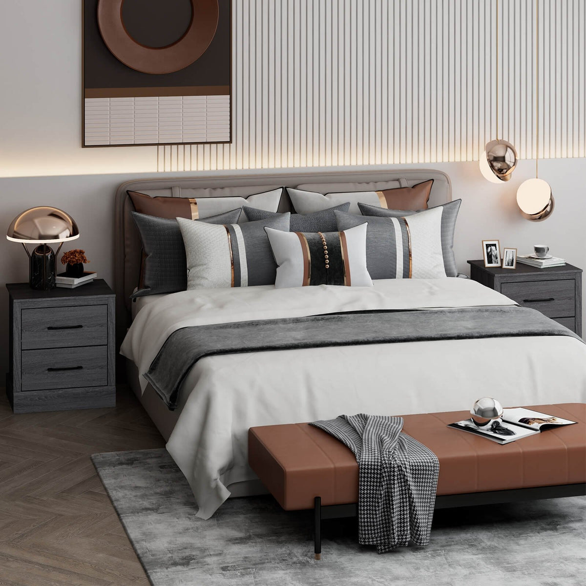 Wood Compact Floor Nightstand with Storage Drawers-Dark Gray view 6