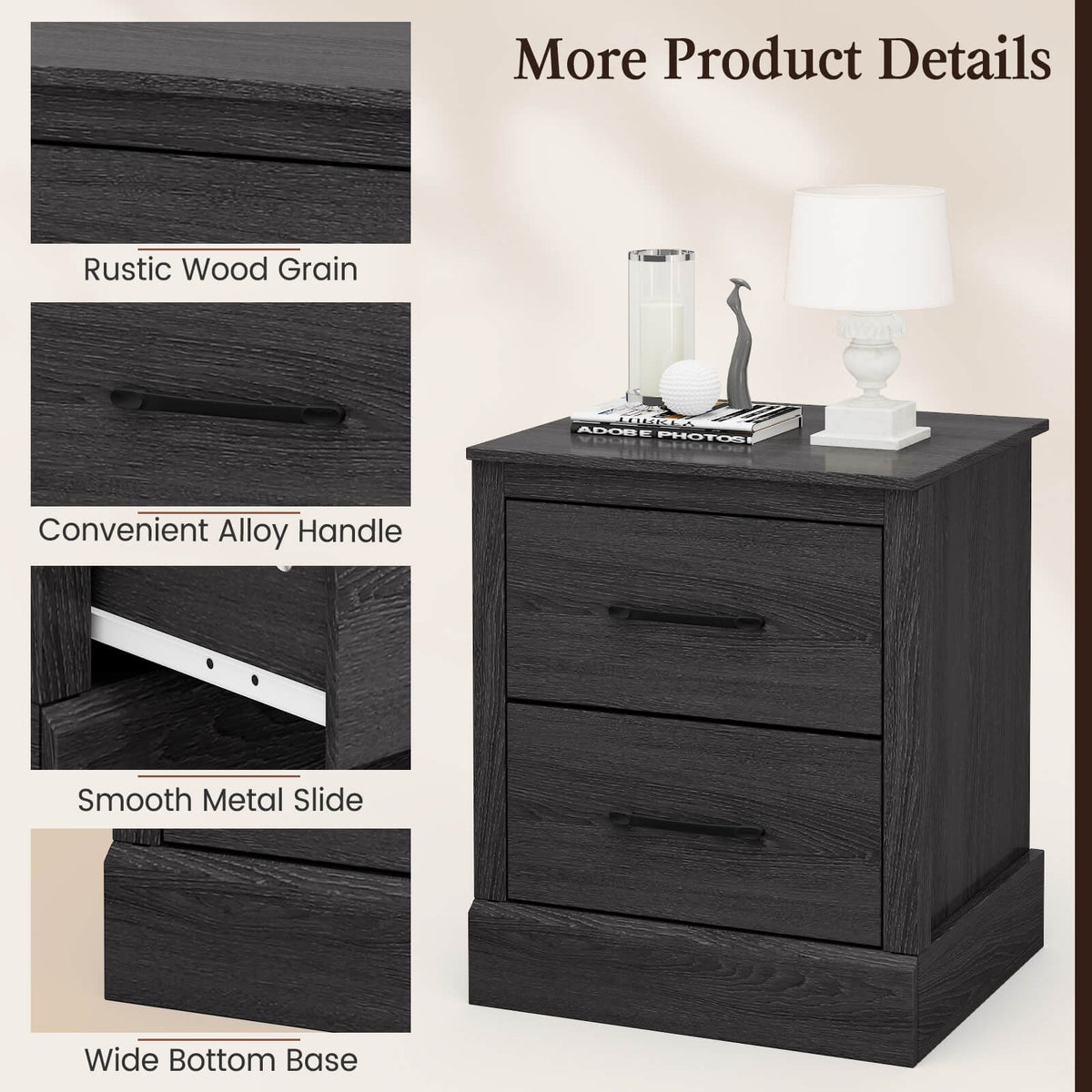 Wood Compact Floor Nightstand with Storage Drawers-Dark Gray view 7