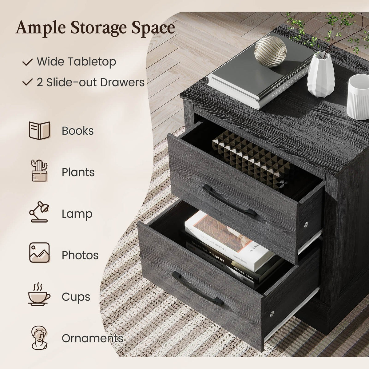 Wood Compact Floor Nightstand with Storage Drawers-Dark Gray view 8