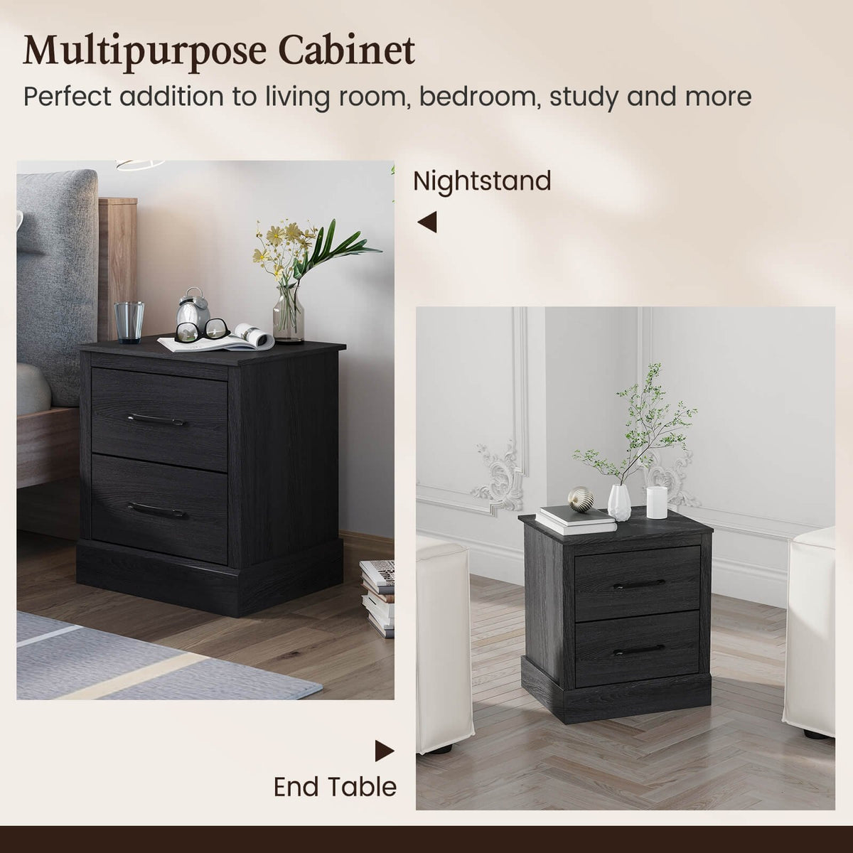 Wood Compact Floor Nightstand with Storage Drawers-Dark Gray view 9