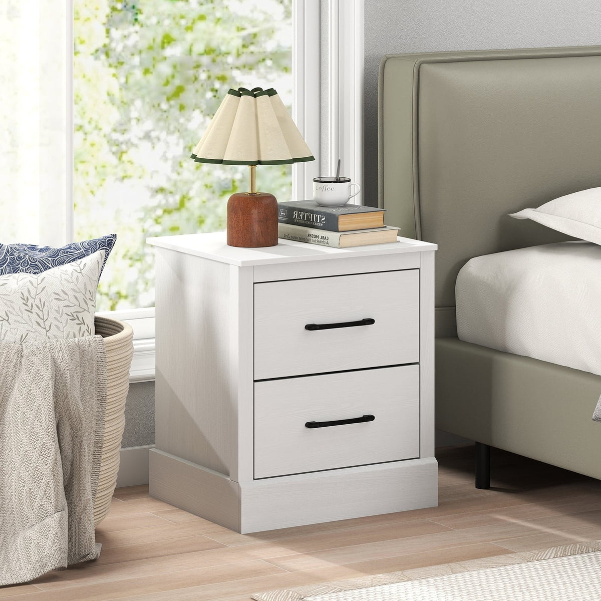 Wood Compact Floor Nightstand with Storage Drawers-White view 2