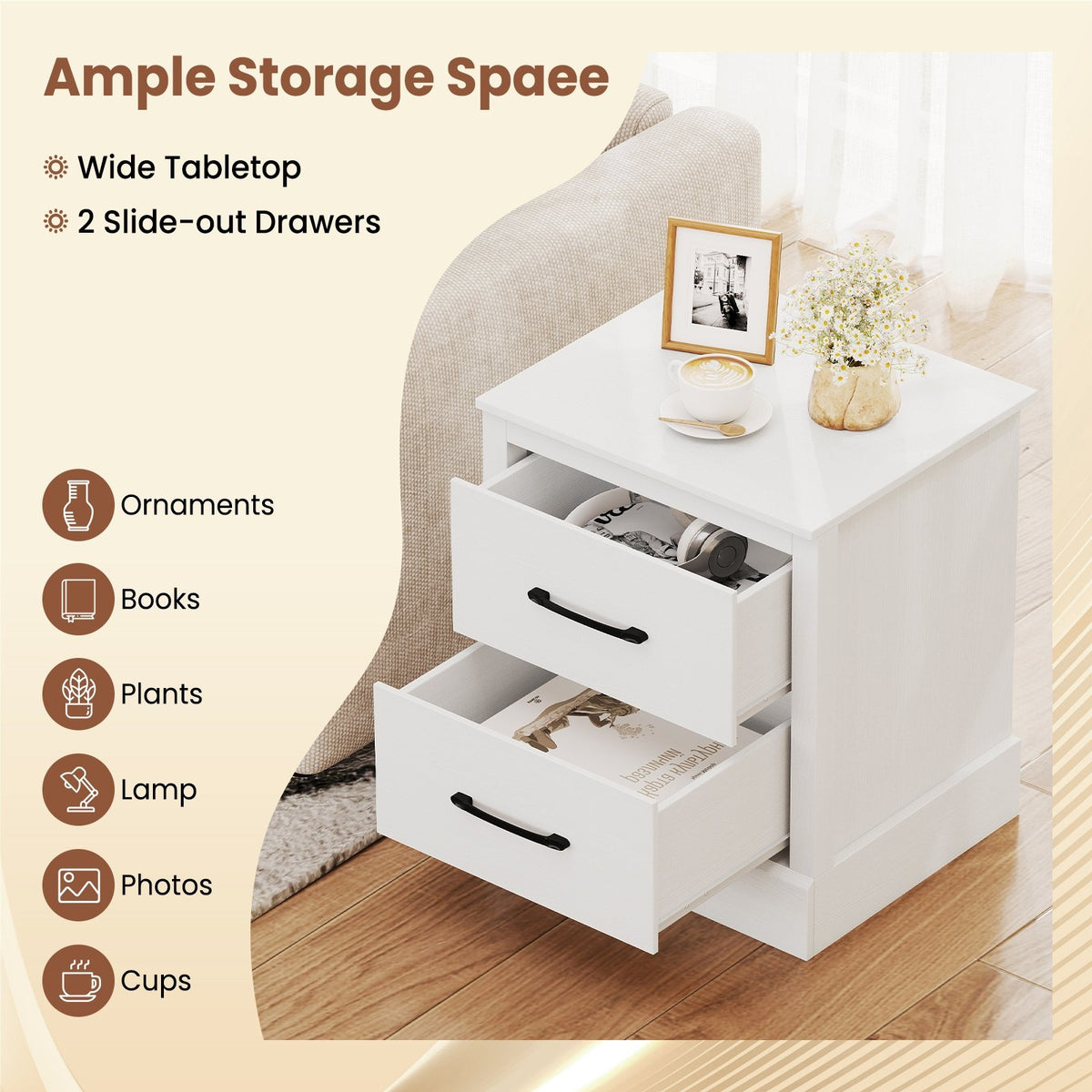 Wood Compact Floor Nightstand with Storage Drawers-White view 5