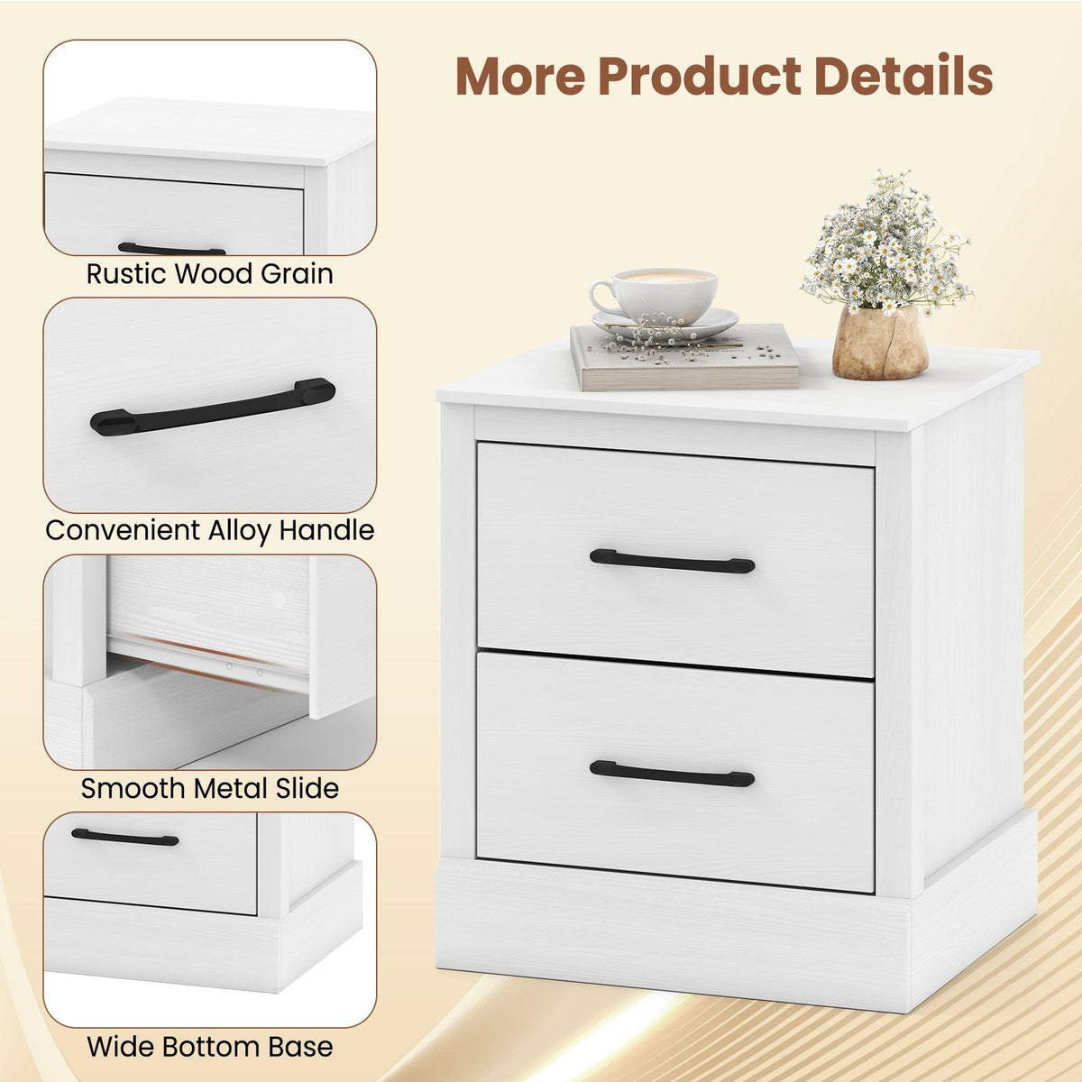Wood Compact Floor Nightstand with Storage Drawers-White view 7