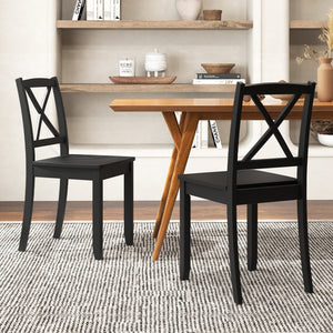 Wood Dining Chair Set of 2 with Rubber Wood Legs and Curved Backrest-Black view 2