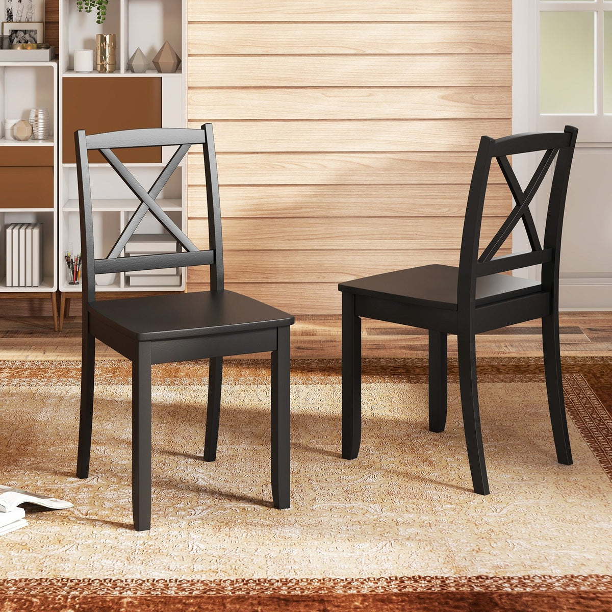 Wood Dining Chair Set of 2 with Rubber Wood Legs and Curved Backrest-Black view 3