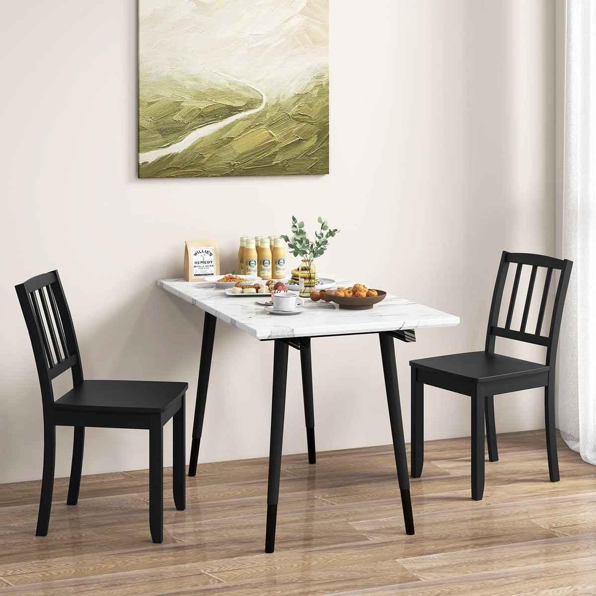 Wood Dining Chair Set of 2 with Rubber Wood Legs-Black view 2