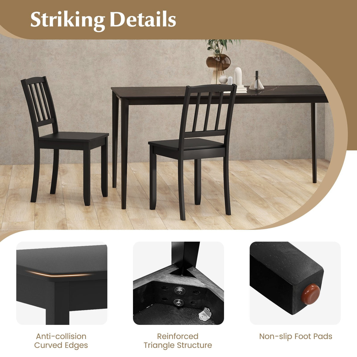 Wood Dining Chair Set of 2 with Rubber Wood Legs-Black view 8