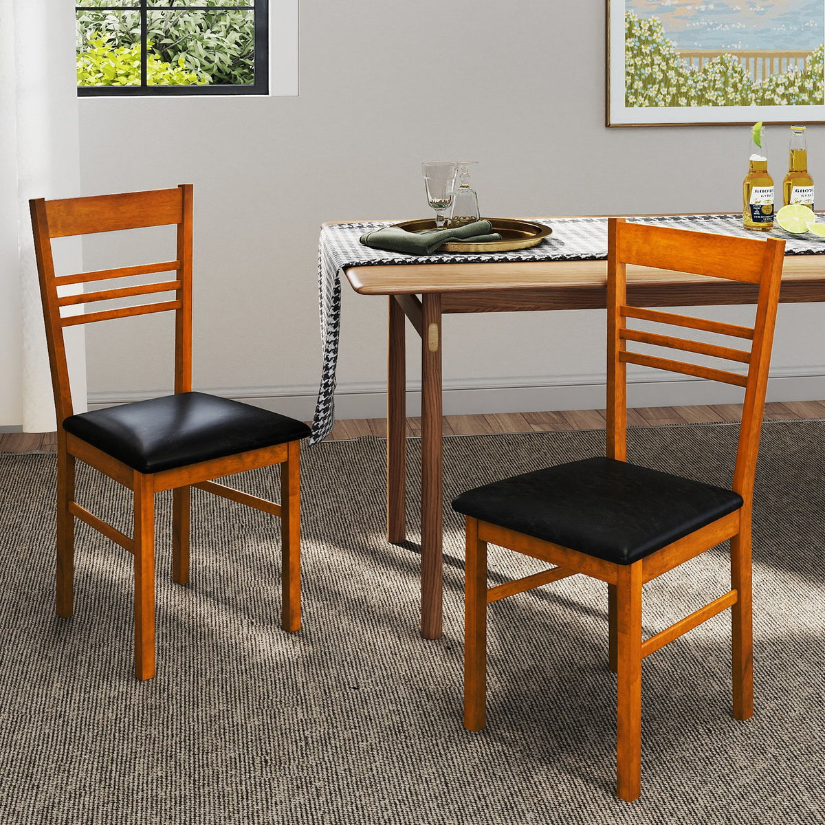 Wood Dining Chairs Set of 2 with Rubber Wood Frame-Walnut view 2