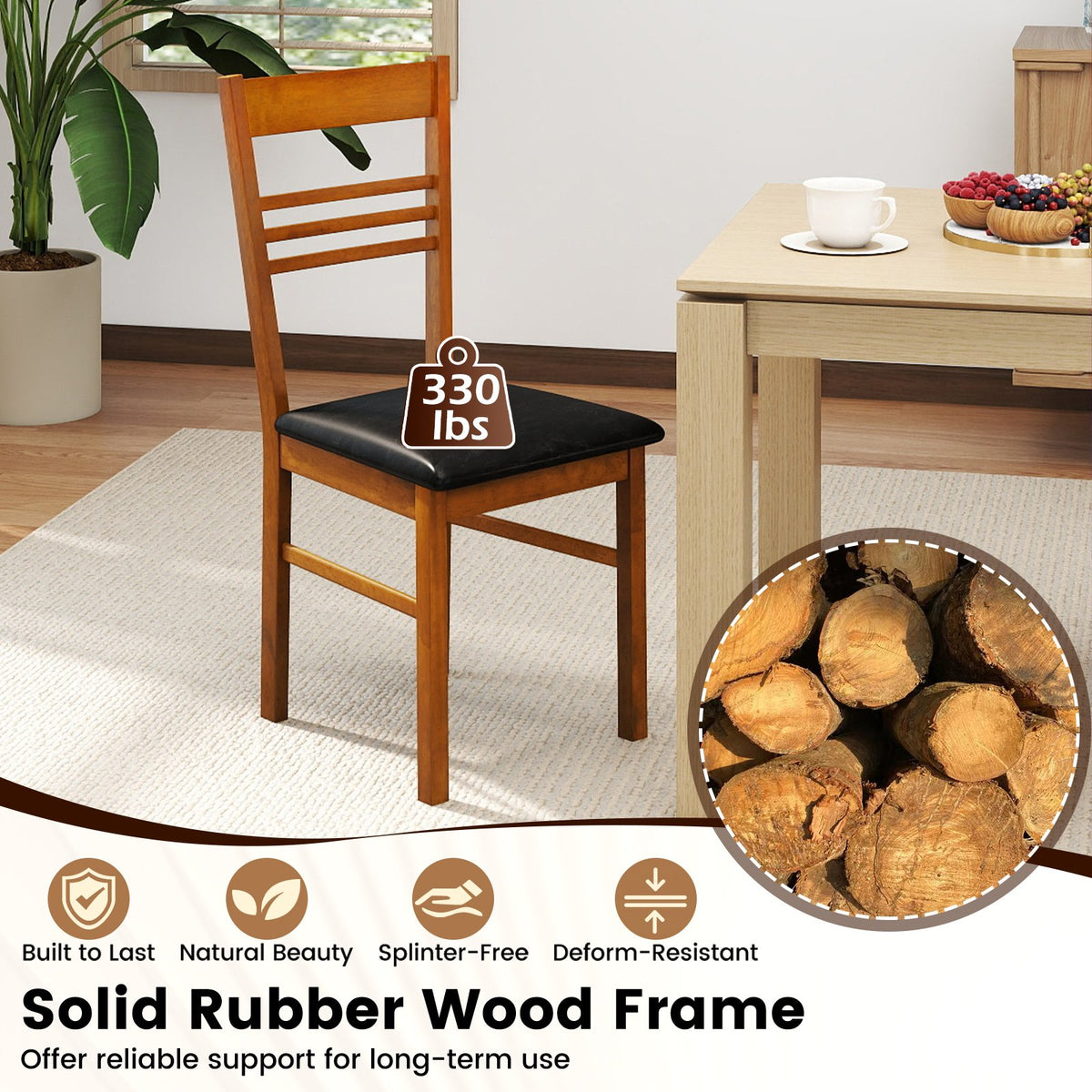 Wood Dining Chairs Set of 2 with Rubber Wood Frame-Walnut view 7