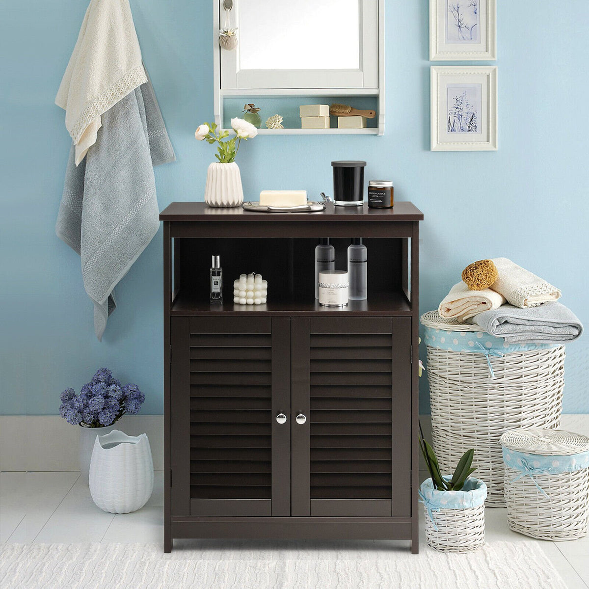 Wood Freestanding Bathroom Storage Cabinet with Double Shutter Door-Brown view 3