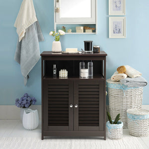 Wood Freestanding Bathroom Storage Cabinet with Double Shutter Door-Brown view 3