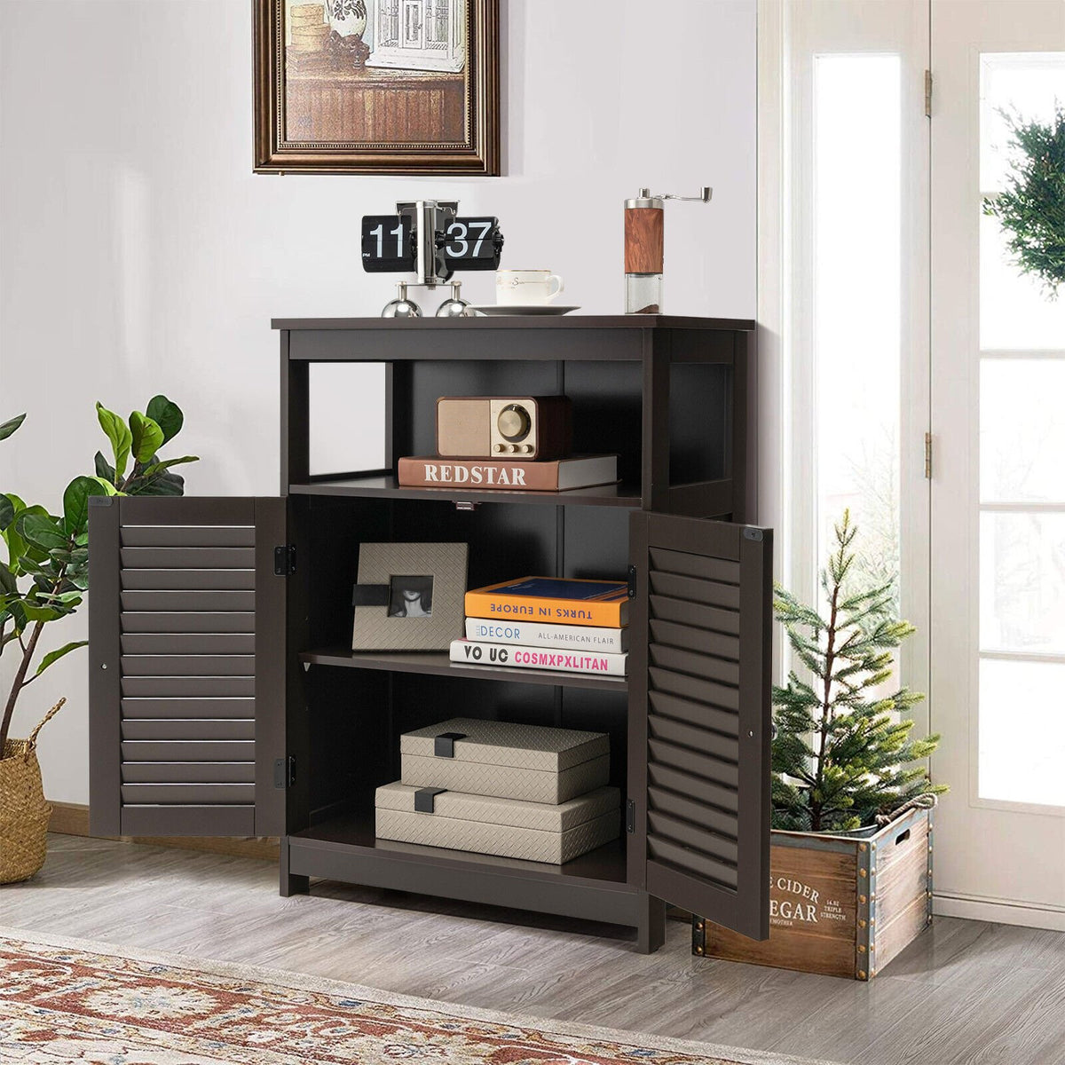 Wood Freestanding Bathroom Storage Cabinet with Double Shutter Door-Brown view 6