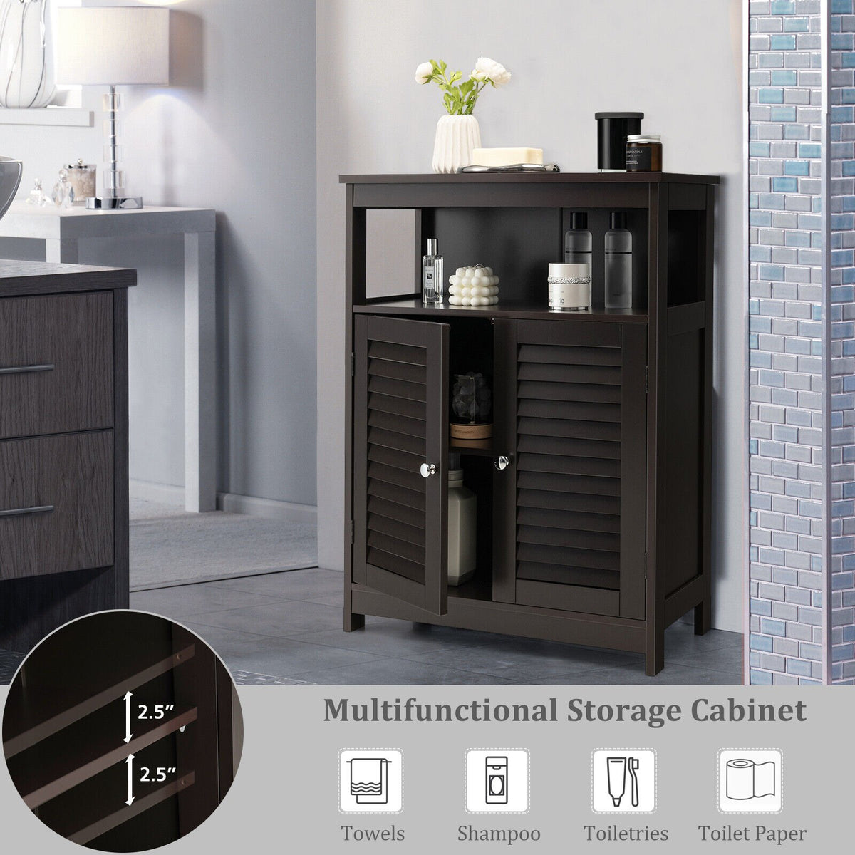 Wood Freestanding Bathroom Storage Cabinet with Double Shutter Door-Brown view 7