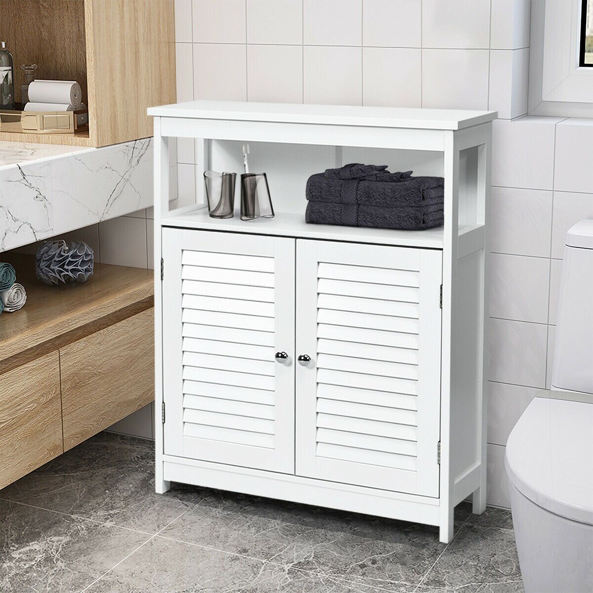 Wood Freestanding Bathroom Storage Cabinet with Double Shutter Door-White view 2