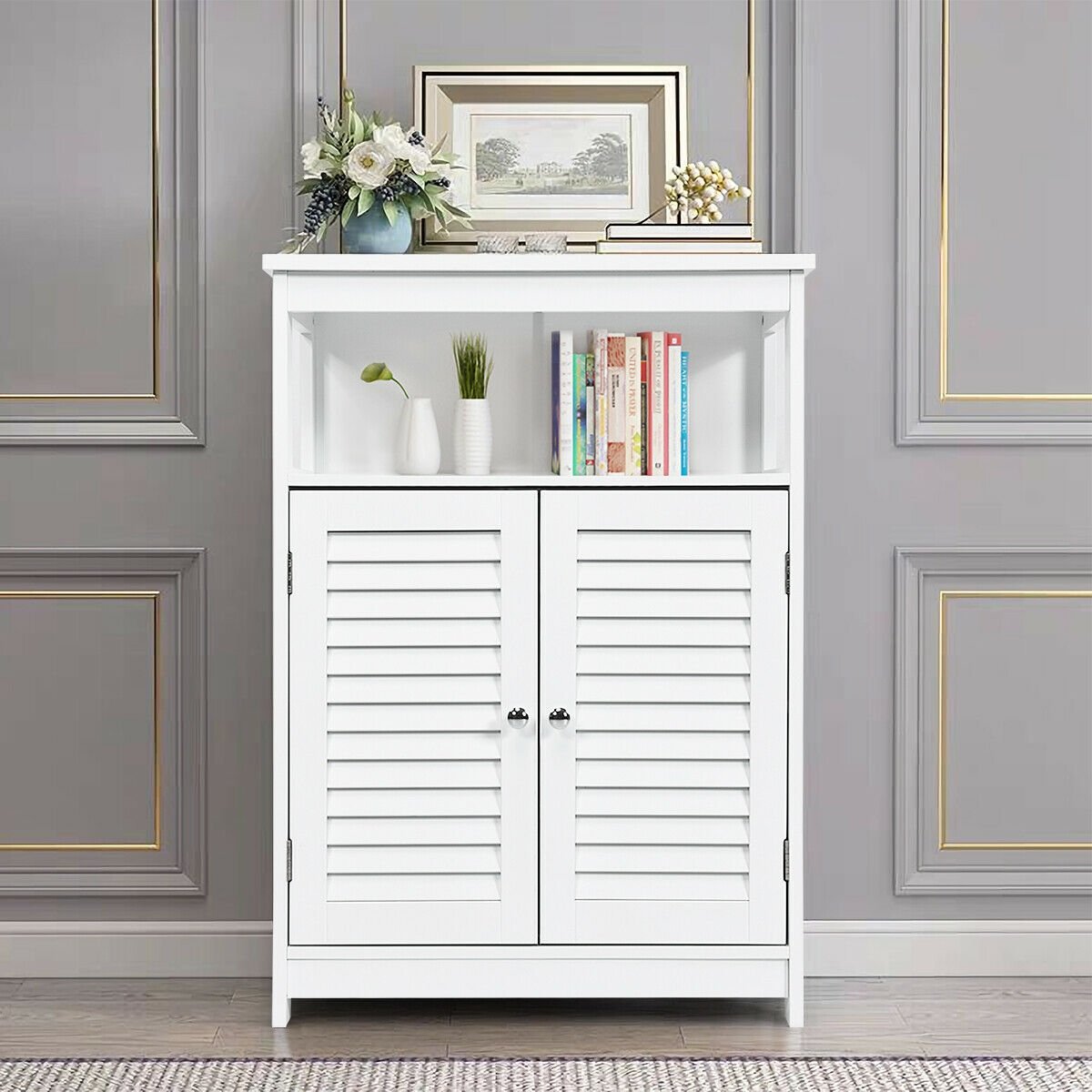 Wood Freestanding Bathroom Storage Cabinet with Double Shutter Door-White view 3