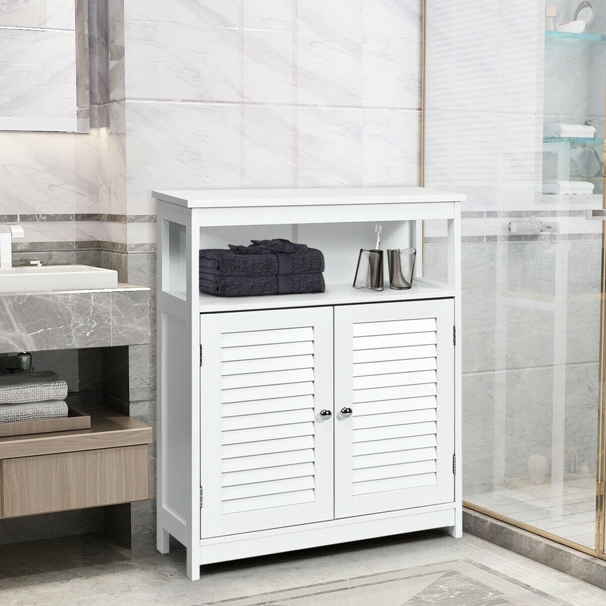 Wood Freestanding Bathroom Storage Cabinet with Double Shutter Door-White view 6