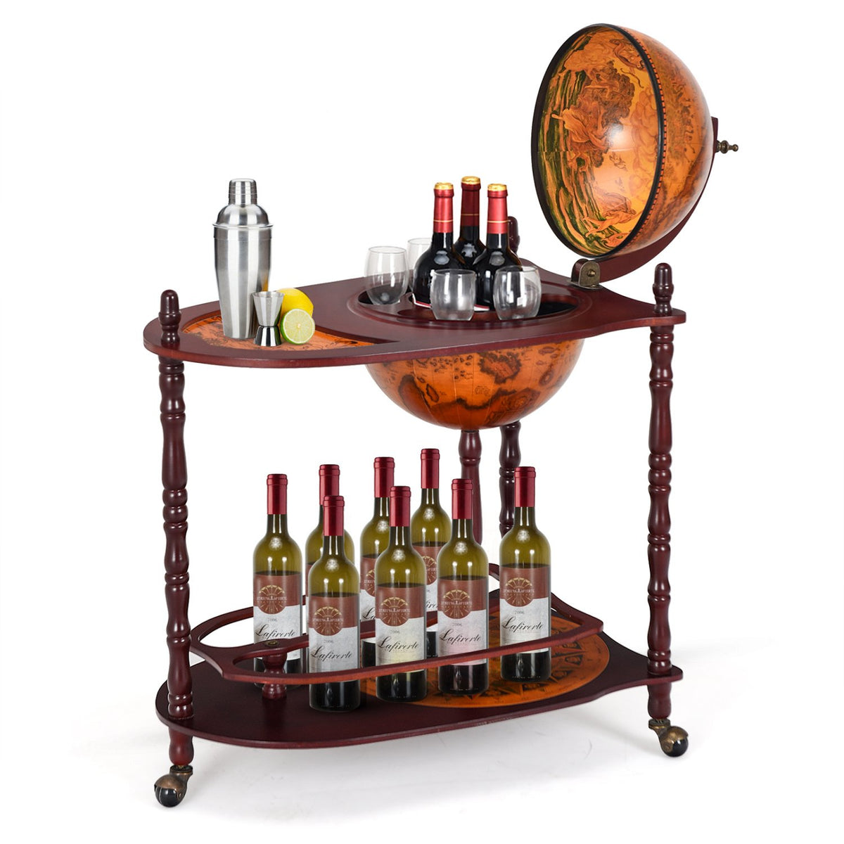 Vintage Globe Rolling Wine Bar Cart with Extra Shelf view 3