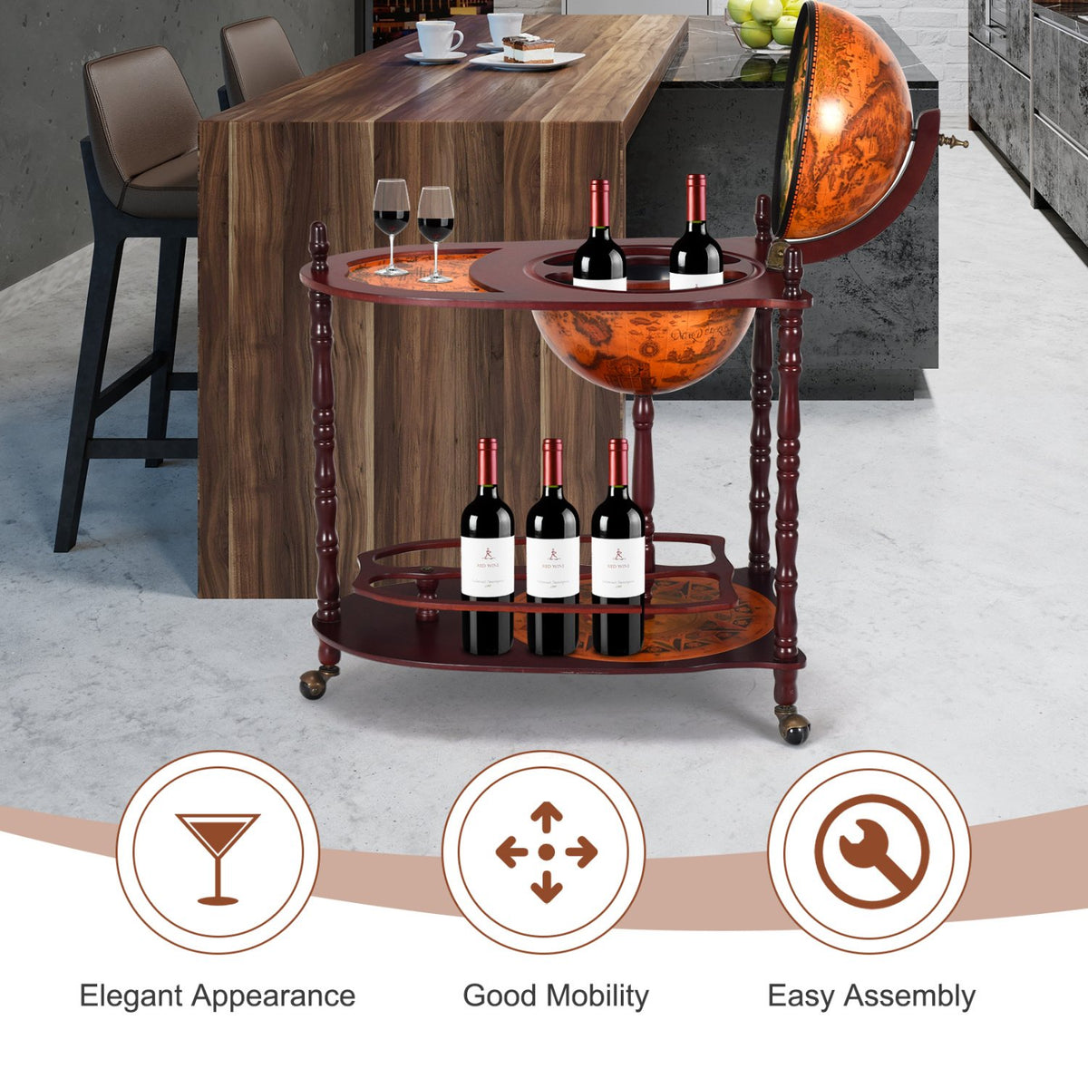 Vintage Globe Rolling Wine Bar Cart with Extra Shelf view 6