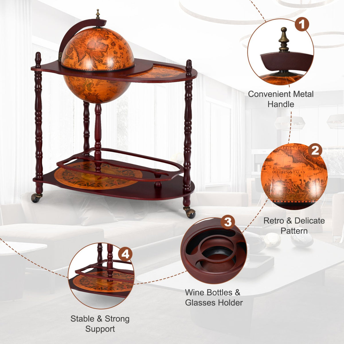 Vintage Globe Rolling Wine Bar Cart with Extra Shelf view 8