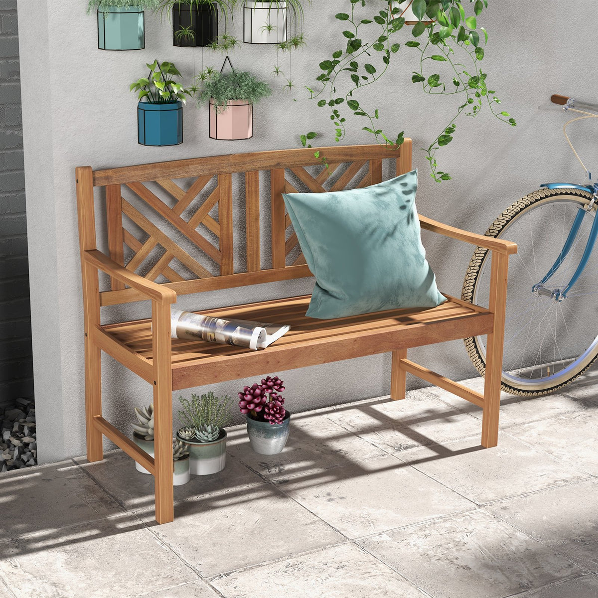 2-Person Wooden Outdoor Bench with Cozy Armrest and Backrest view 2