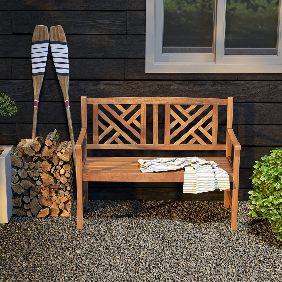2-Person Wooden Outdoor Bench with Cozy Armrest and Backrest view 3