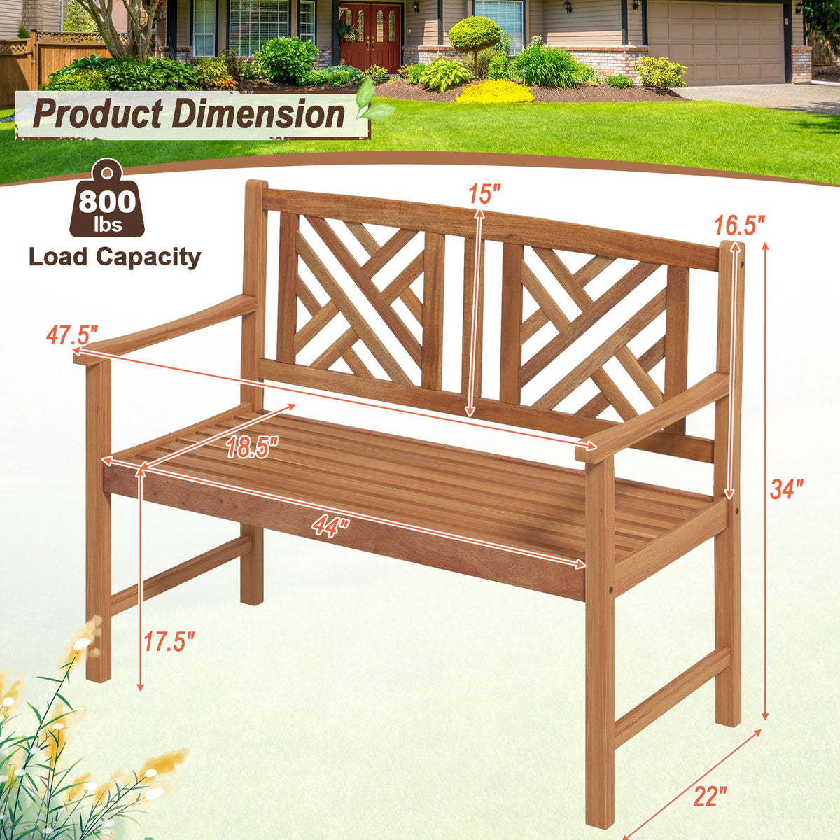 2-Person Wooden Outdoor Bench with Cozy Armrest and Backrest view 5