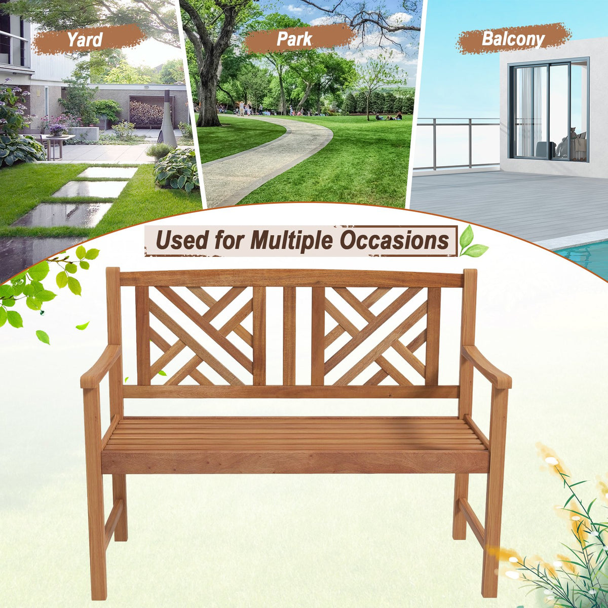 2-Person Wooden Outdoor Bench with Cozy Armrest and Backrest view 7