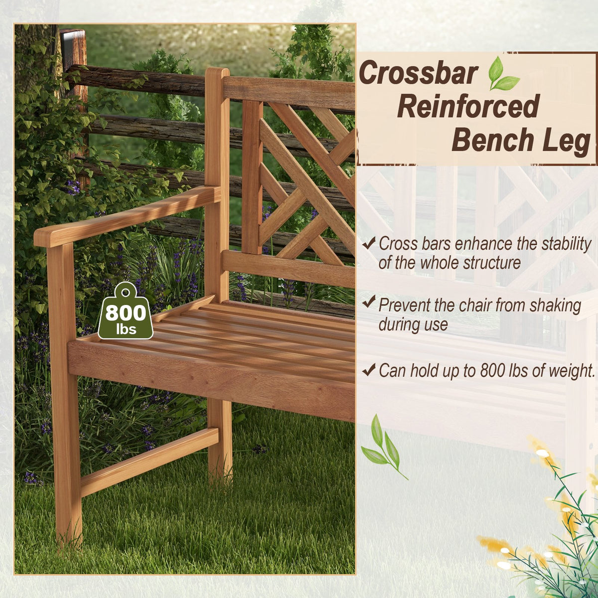 2-Person Wooden Outdoor Bench with Cozy Armrest and Backrest view 8