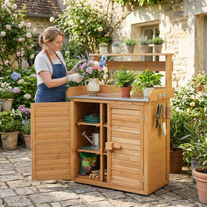 Wood Plant Workstation with Stainless Steel Tabletop and Removable Shelves-Natrual view 2