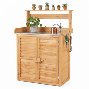 Wood Plant Workstation with Stainless Steel Tabletop and Removable Shelves-Natrual view 4
