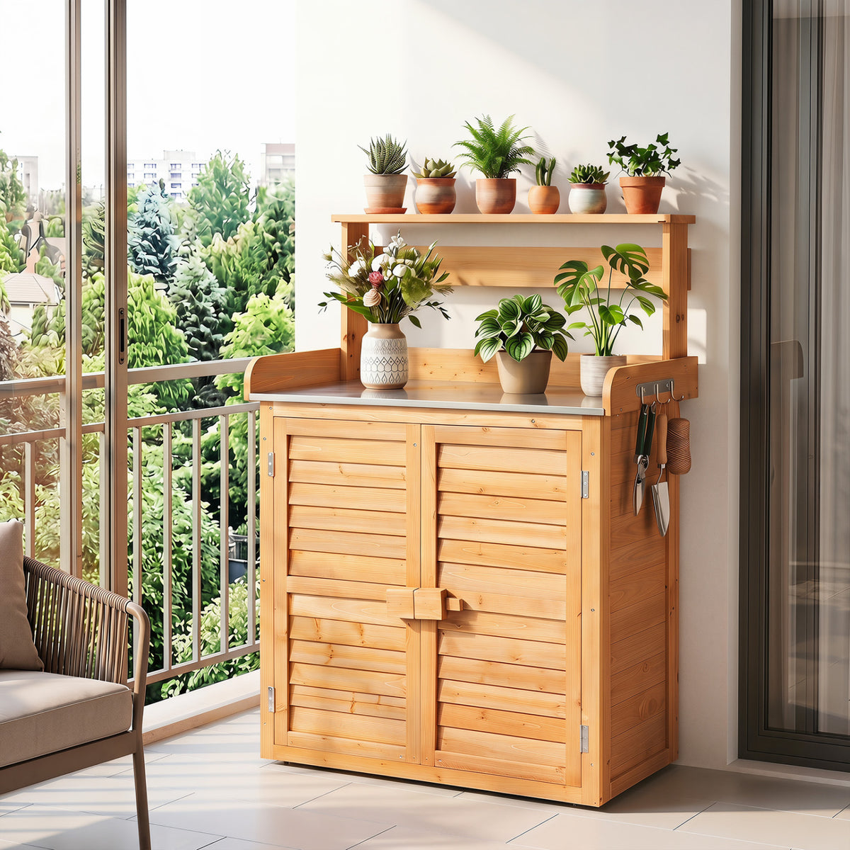 Wood Plant Workstation with Stainless Steel Tabletop and Removable Shelves-Natrual view 6