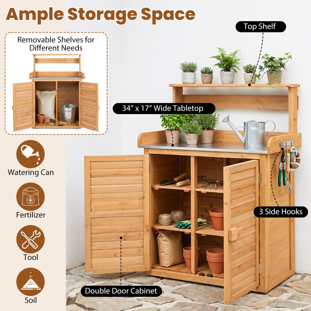 Wood Plant Workstation with Stainless Steel Tabletop and Removable Shelves-Natrual view 7