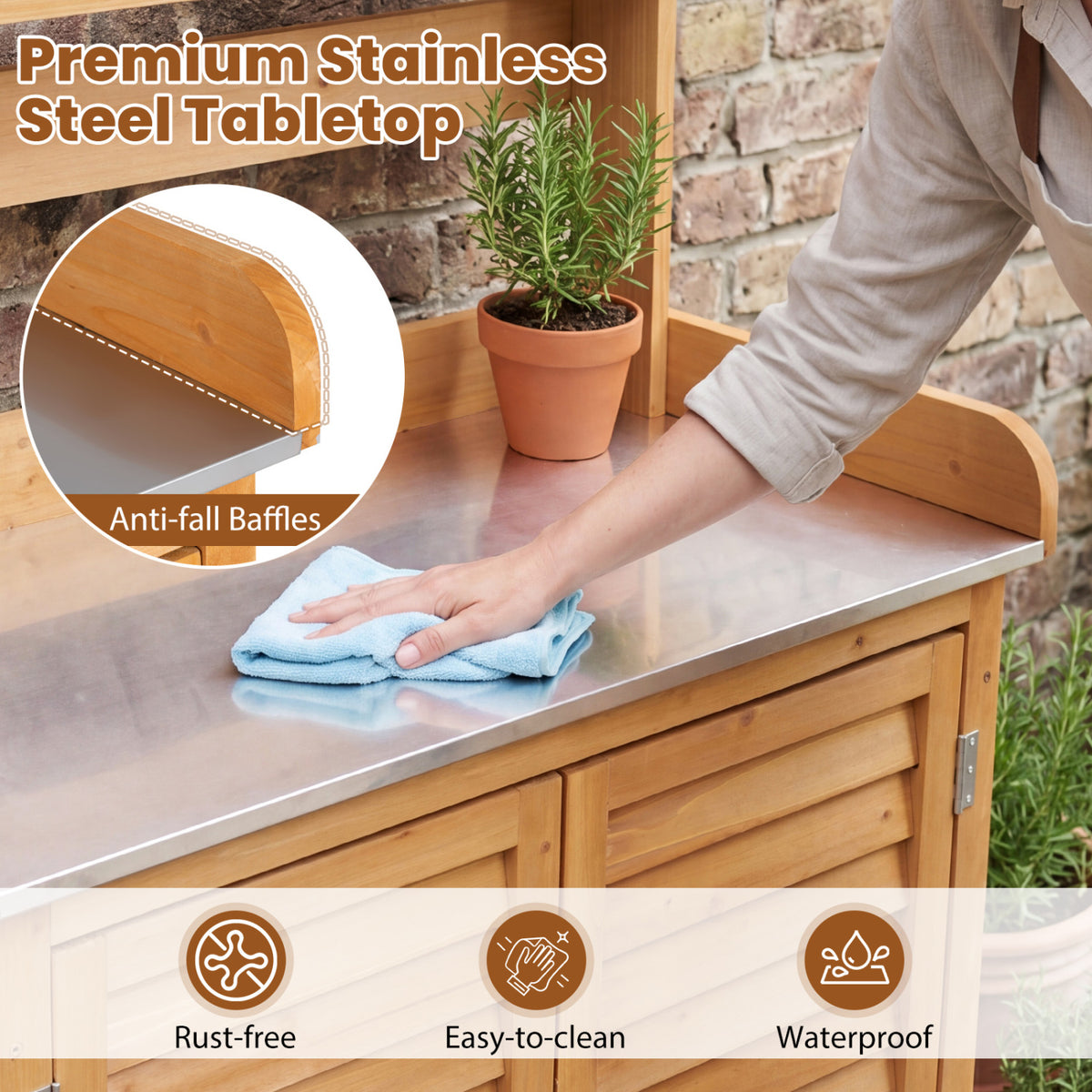 Wood Plant Workstation with Stainless Steel Tabletop and Removable Shelves-Natrual view 8