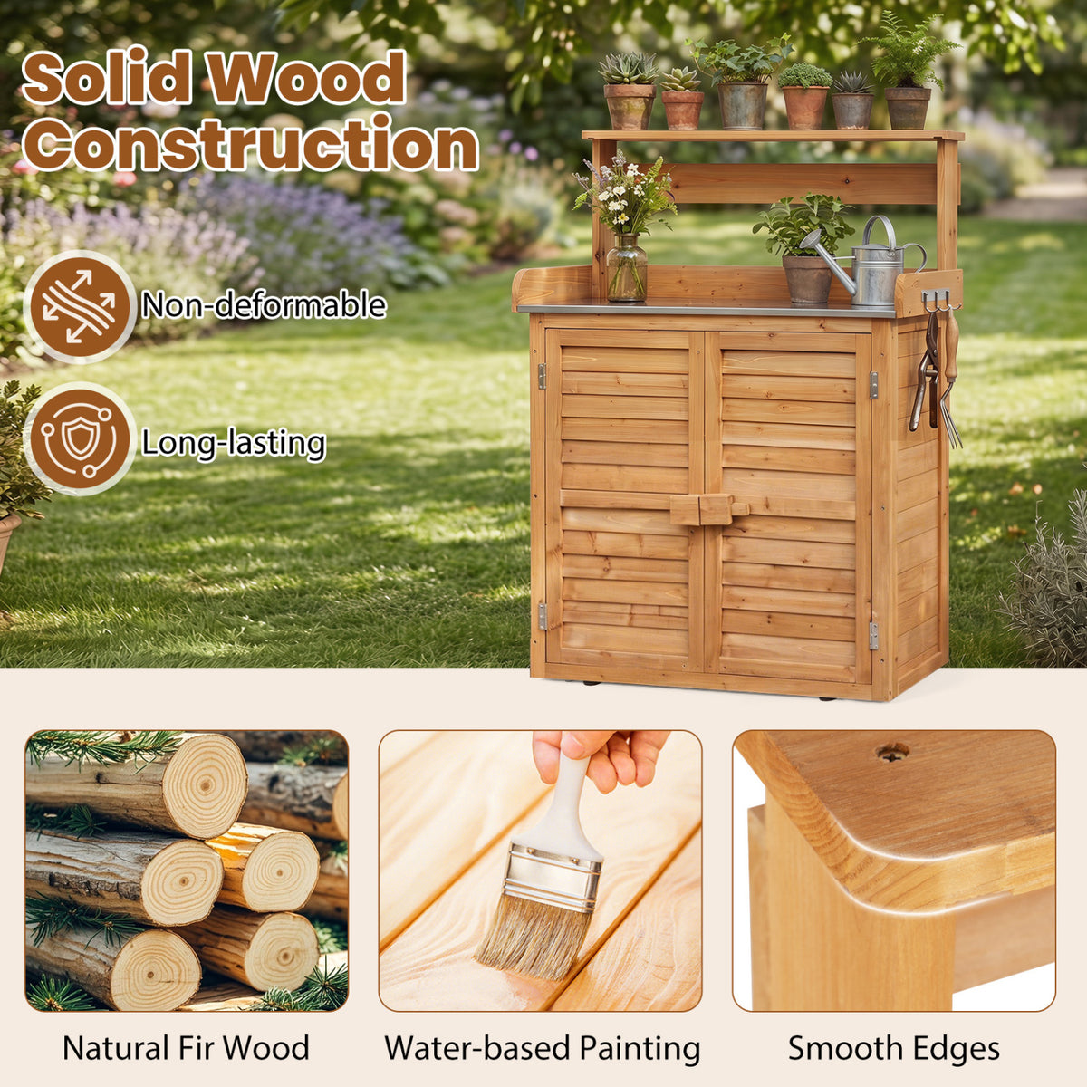Wood Plant Workstation with Stainless Steel Tabletop and Removable Shelves-Natrual view 9