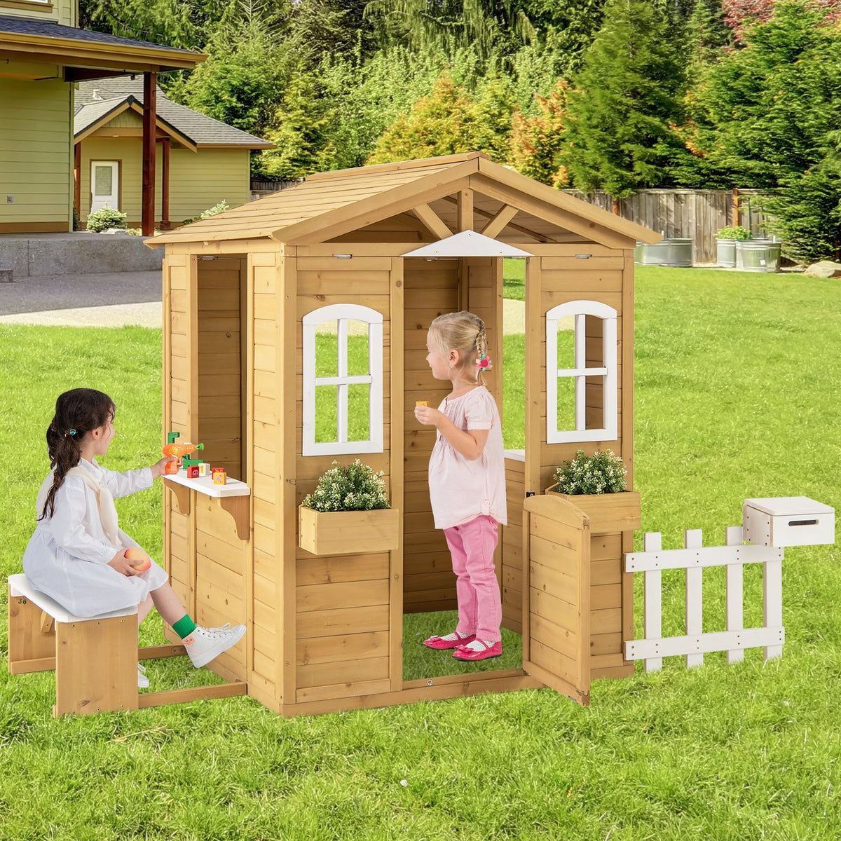 Wood Playhouse with Bench and Serving Stations for 2+ Years Old Kids view 2