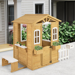 Wood Playhouse with Bench and Serving Stations for 2+ Years Old Kids view 3