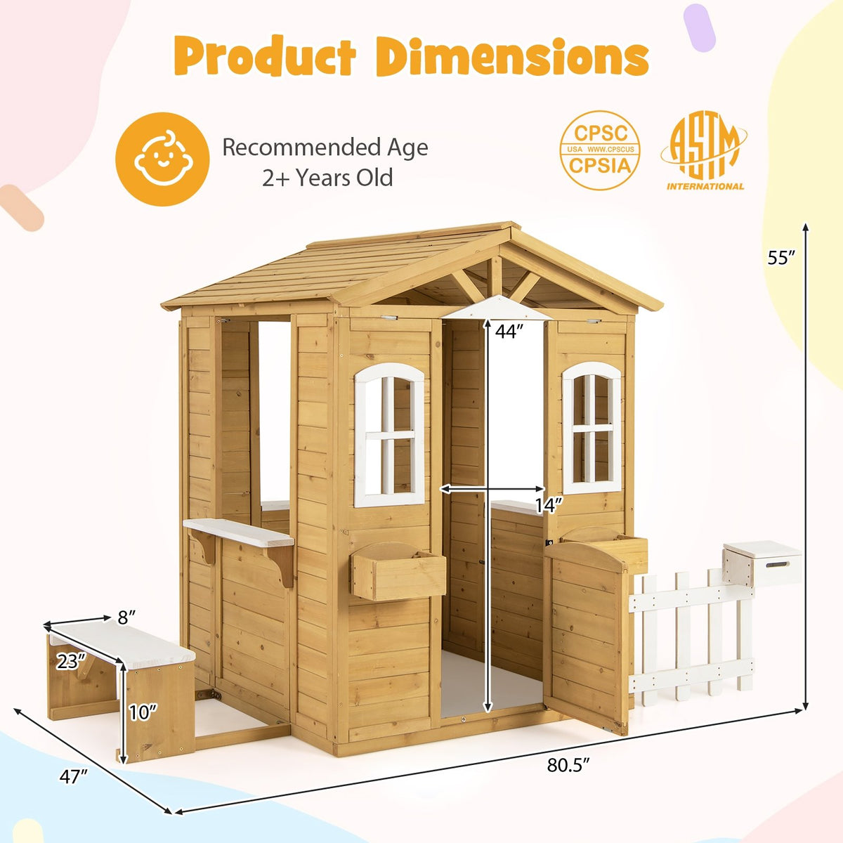 Wood Playhouse with Bench and Serving Stations for 2+ Years Old Kids view 5